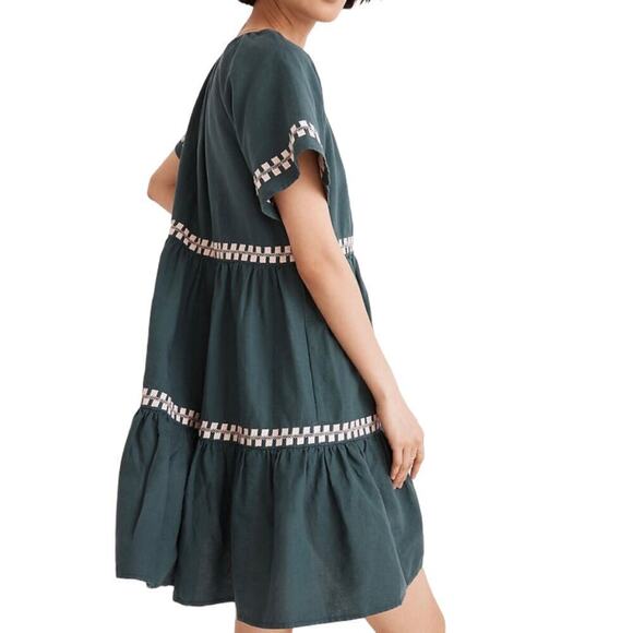 Madewell Embroidered Linen oFlutter Sleeve Mini Dress Size S Evergreen Forest - Picture 3 of 12
